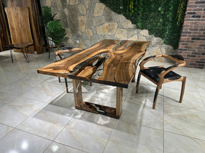 Patterned Transparent Epoxy Resin Walnut Dining Table