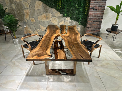 Patterned Transparent Epoxy Resin Walnut Dining Table