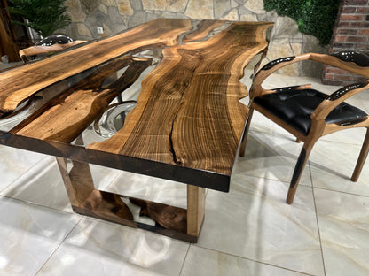 Patterned Transparent Epoxy Resin Walnut Dining Table