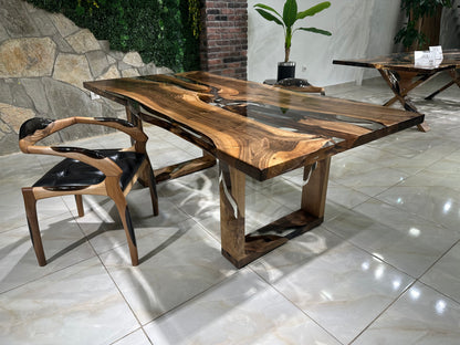 Patterned Transparent Epoxy Resin Walnut Dining Table