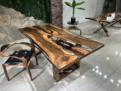 Patterned Transparent Epoxy Resin Walnut Dining Table