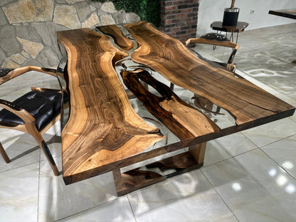 Patterned Transparent Epoxy Resin Walnut Dining Table