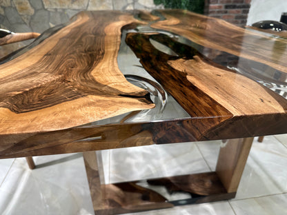 Patterned Transparent Epoxy Resin Walnut Dining Table